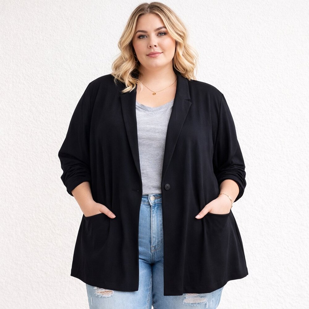Eileen Fisher Knit Crepe Stretch One Button Long Jacket with Pockets Sz 3X Black